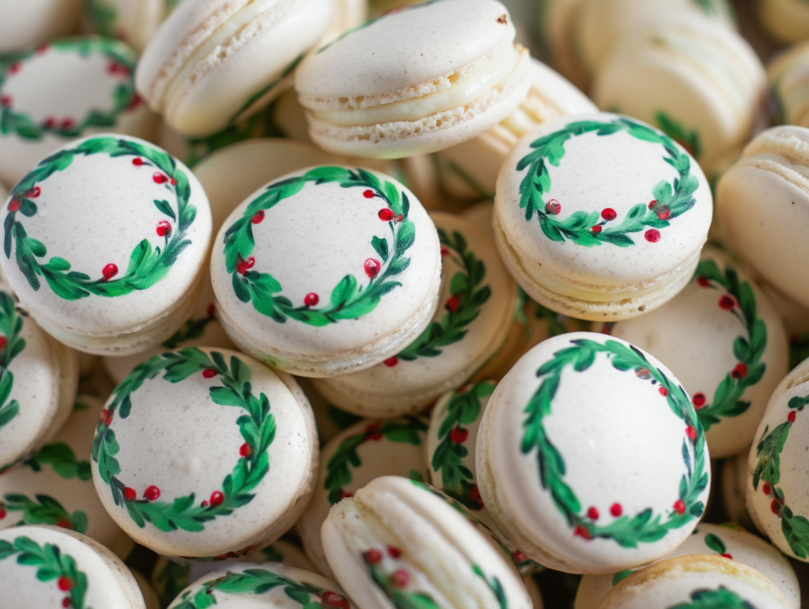 Elegant Holiday Macarons with Green & Red Wreath Decorations