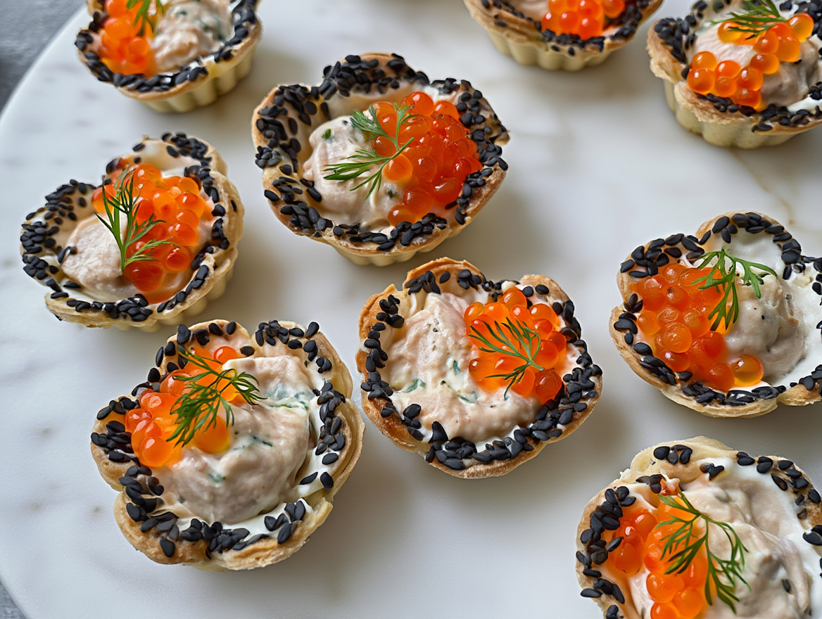 Elegant Black Sesame Tartlets with Orange Caviar